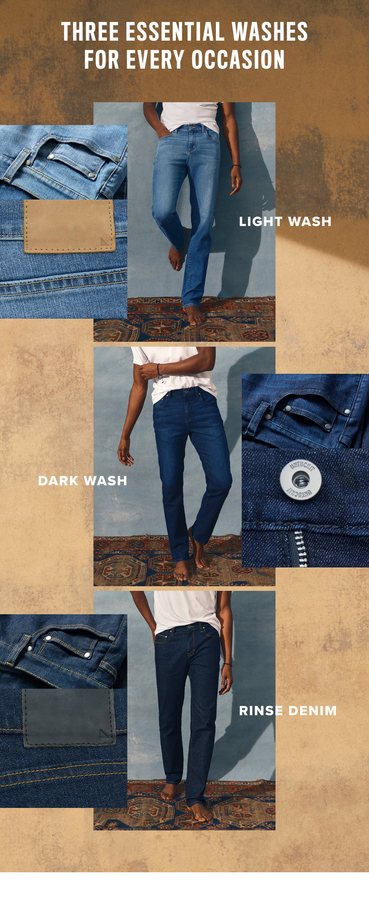 Model is wearing light wash denim, dark wash denim, and rinse denim