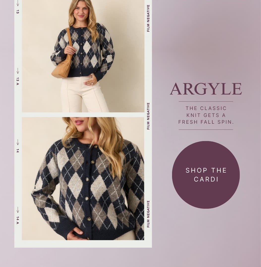"Argyle. The classic knit gets a fresh fall spring. Shop the cardi."