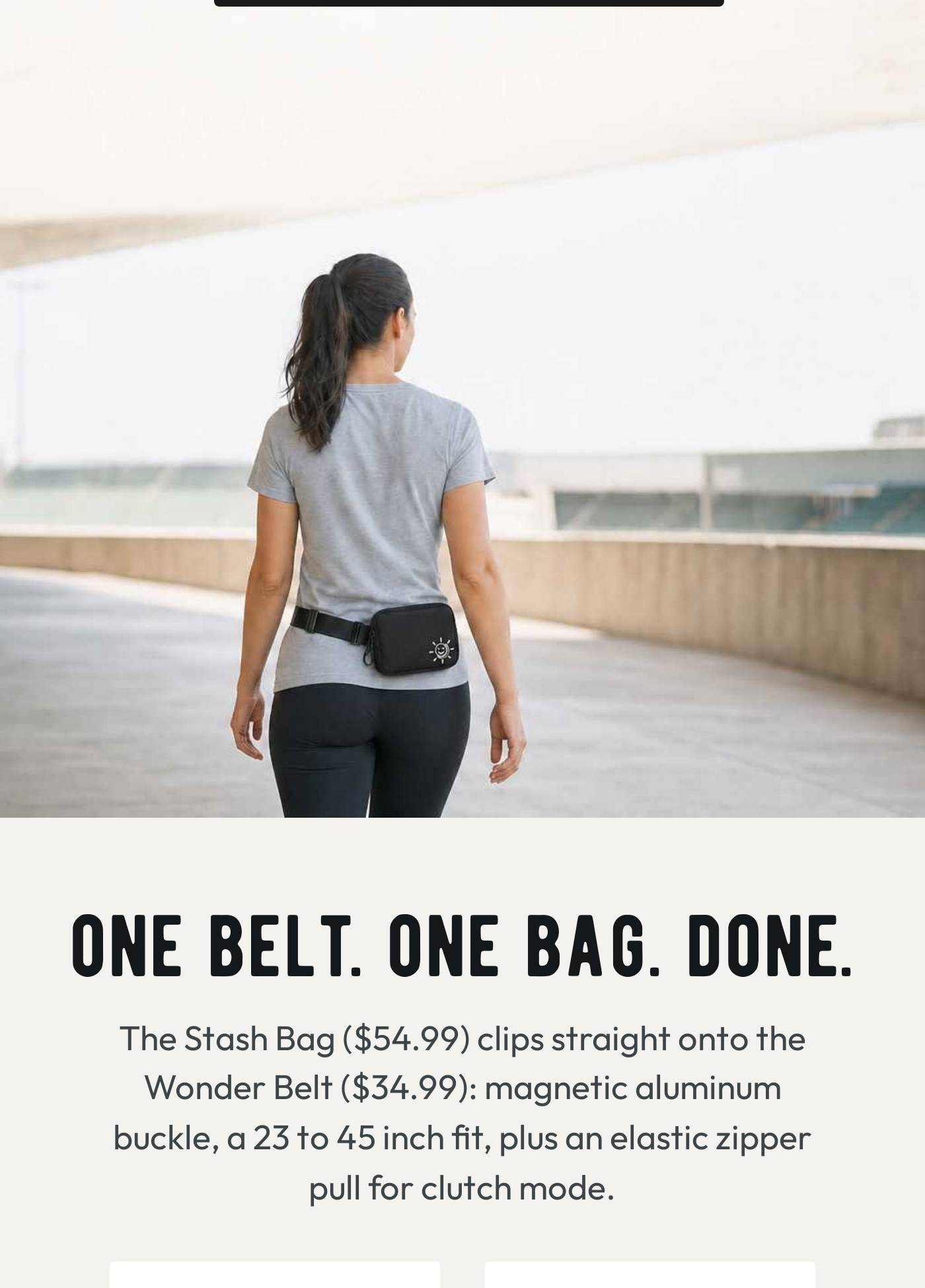 A person walking with the Stash Bag and Wonder Belt, showcasing the hands-free carry system. ONE BELT. ONE BAG. DONE. The Sta