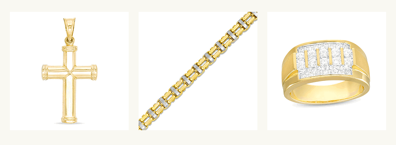 Assortment of men’s jewelry including gold cross pendant, two-tone link & band with engraved diamonds.