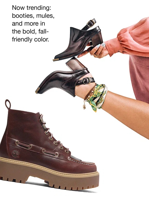 Now trending: booties, mules, and more in the bold, fallfriendly color.