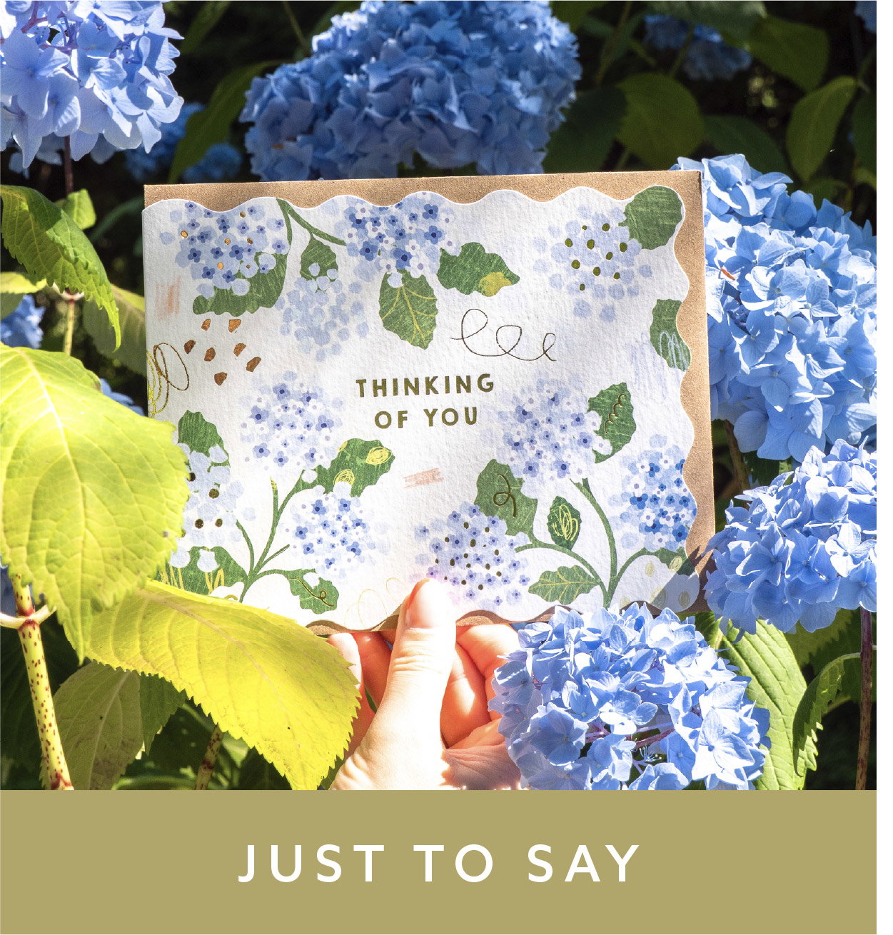 Thinking of You card with blue hydrangeas. Shop Just to Say cards.
