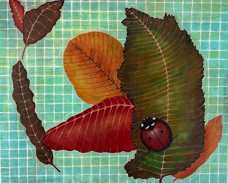 Autumn painting lady bug on leaves