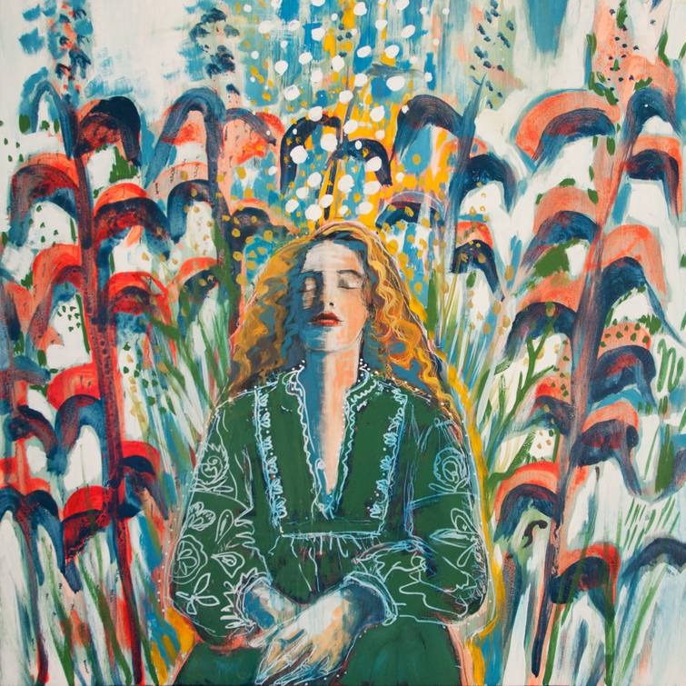 painting of woman in leaves