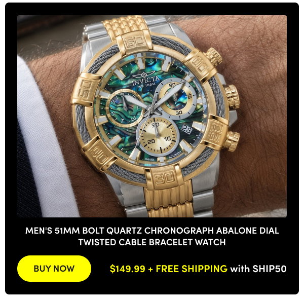 INV-26540 INVICTA Men's 51mm Bolt Quartz Chronograph Abalone Dial Twisted Cable Bracelet Watch – $149.99 + FREE SHIPPING with SHIP50