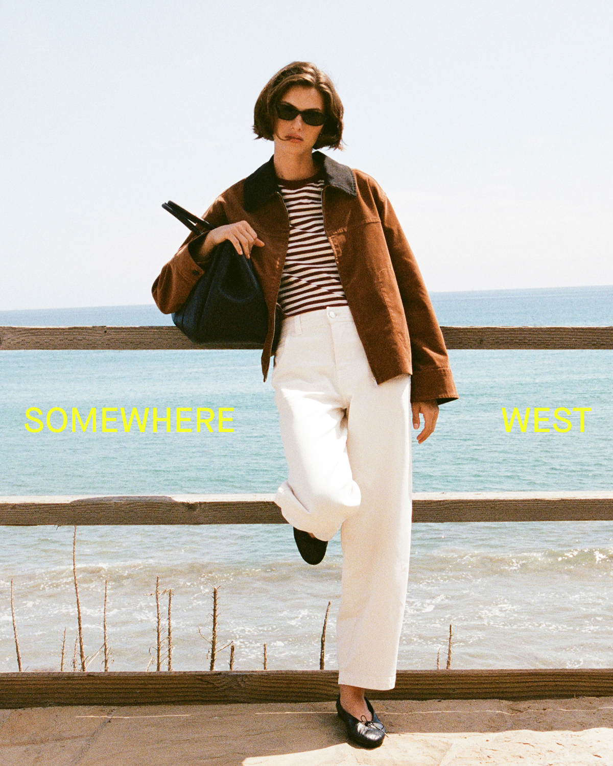 Editorial Image | Somewhere West | Model wearing Stretch Corduroy Zip Jacket in Toffee, Forever Jersey Shrunken Crew in Cabernet / Birch, Utility Twill Barrel Pant in Bone 