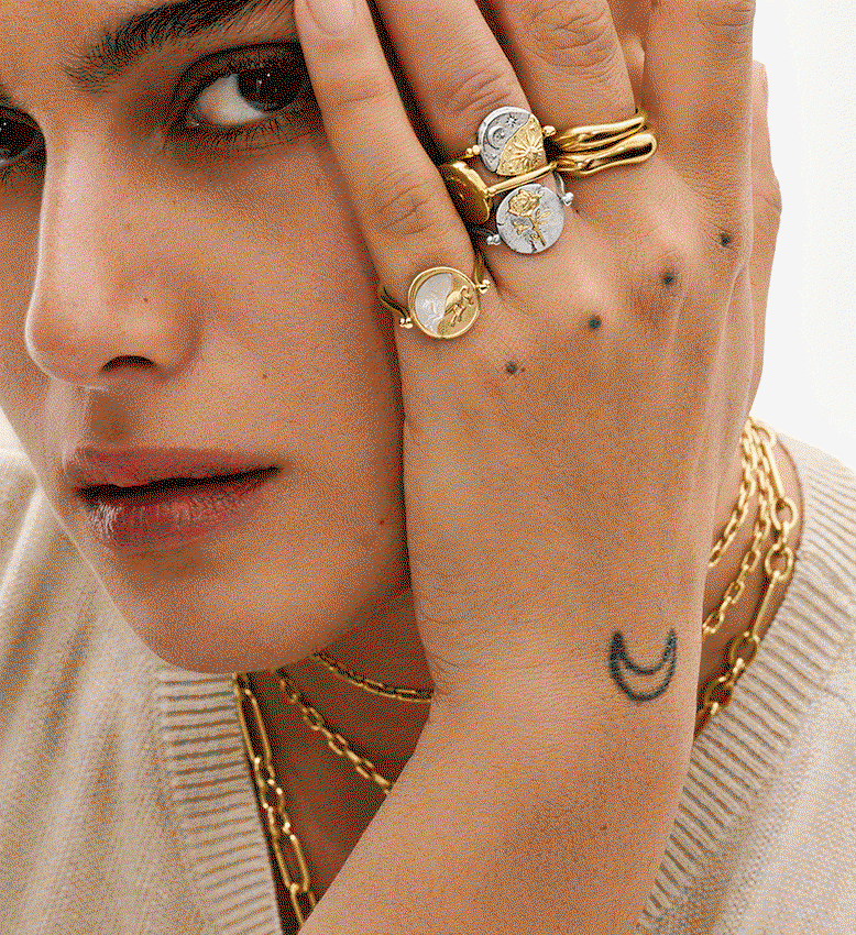 Close-up of model styling Pandora Talisman flip rings.