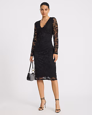 Lace V-Neck Long Sleeve Midi Dress