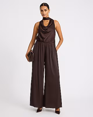 Satin Scarf Cowl Neck Wide Leg Jumpsuit with Pockets