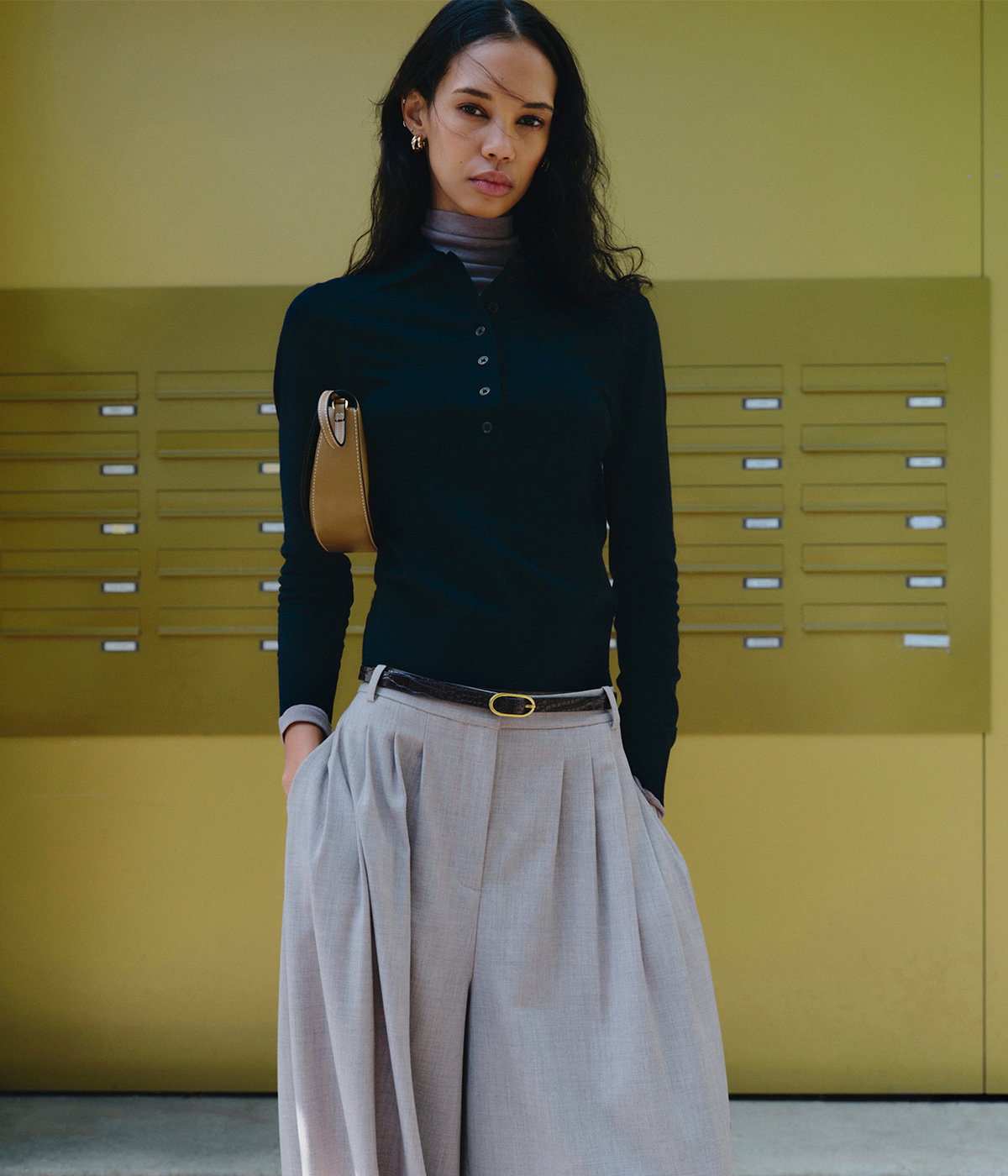 Woman wearing Midnight Navy Collared Slim Jumper with Wool