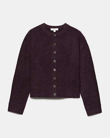 Dark Aubergine Crew Neck Cardigan With Wool