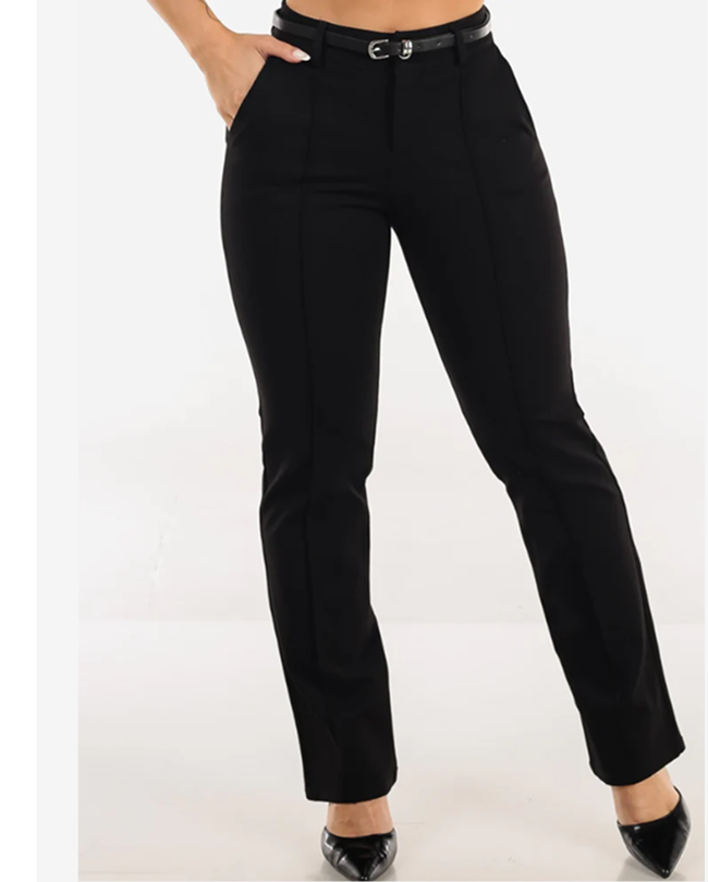 High Waisted Stretch Bootcut Dress Pants Black w Belt
