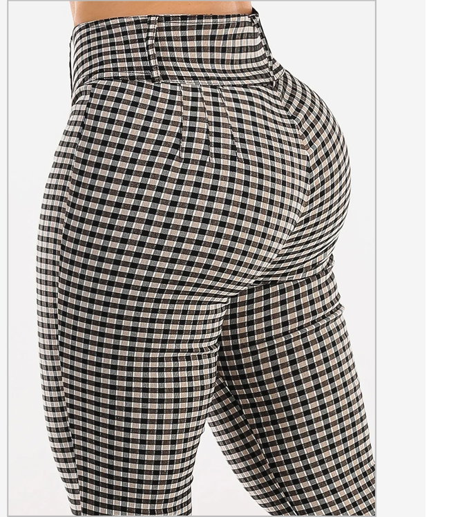 Butt lift High Waist Plaid Skinny Pants Khaki