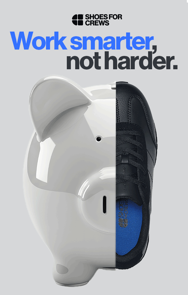A piggy bank merged with a shoe, with text "Work smarter, not harder."