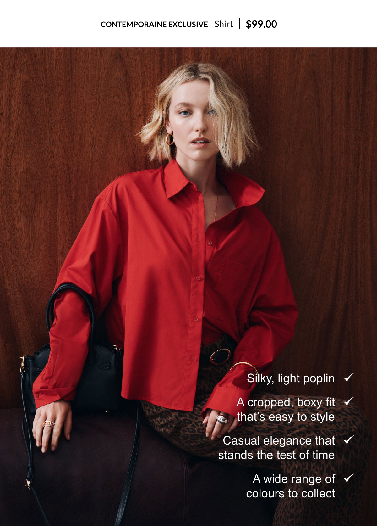 Shirt at 99 $. Silky, light poplin, A cropped, boxy fit that’s easy to style, Casual elegance that stands the test of time, A wide range of colours to collect