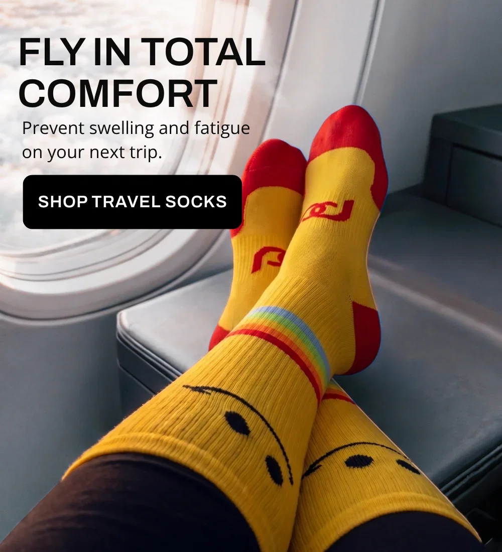Whether it's a road trip or a long flight, PRO Compression keeps your circulation flowing. Get travel-ready with 5 pairs for $80 and Free Shipping. Use code SOCK80.