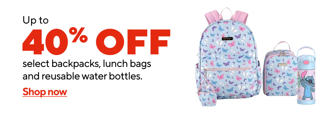 Up to 40% off select backpacks, lunch bags & hydration items featuring trendy fashion designs & licensed characters from top brands!
