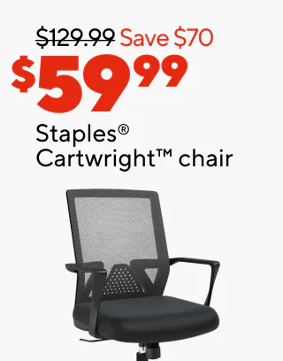 25% off furniture protection and in-store assembly services when purchased together
$149.99 Staples Dexley chair
$199.99 La-Z Boy Arcadian chair
$299.99 Sharper Image Flex Back chair
$59.99 Staples Cartwright chair