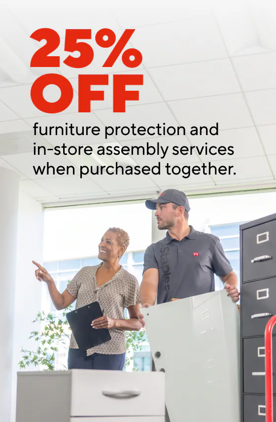 25% off furniture protection and in-store assembly services when purchased together
$149.99 Staples Dexley chair
$199.99 La-Z Boy Arcadian chair
$299.99 Sharper Image Flex Back chair
$59.99 Staples Cartwright chair