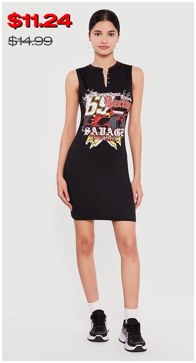 Shop Safety Pin Racing Graphic Notch Neck T-Shirt Dress