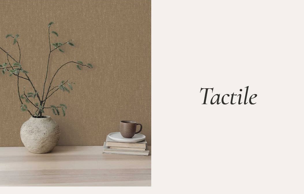 Image of Tempaper's Faux Grasscloth Primitivo by Jeremiah Brent with text "Tactile" next to image.