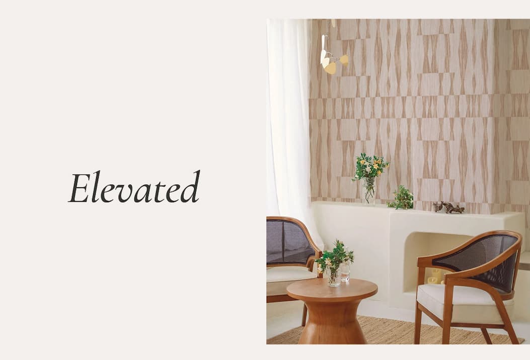 Image of Tempaper's Faux Grasscloth Geo with text "Elevated" next to image.