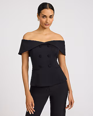 Off The Shoulder Double Breasted Tailored Top in Signature Ponte