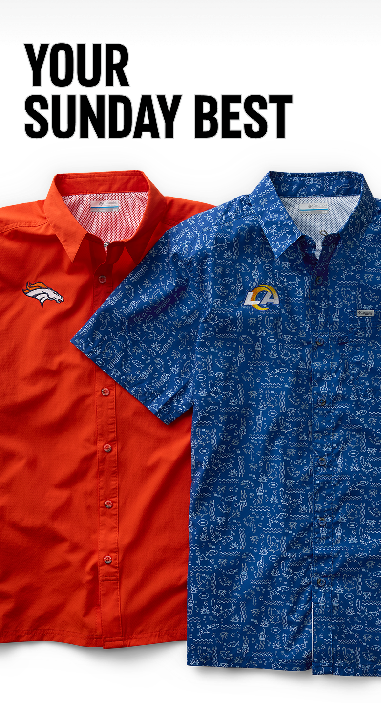 Your Sunday Best. Two NFL fan shirts with team logos on the chest. 
