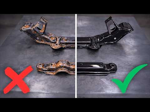 Rusted metal parts beside restored, rust-free parts, showing the before-and-after difference.