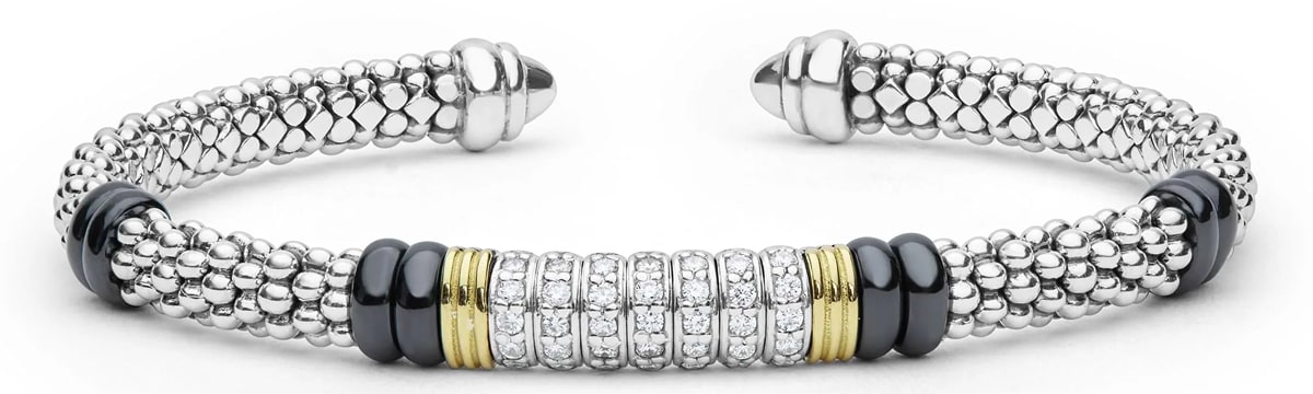 Two-Tone Diamond Station Black Ceramic Versa Torque Bracelet