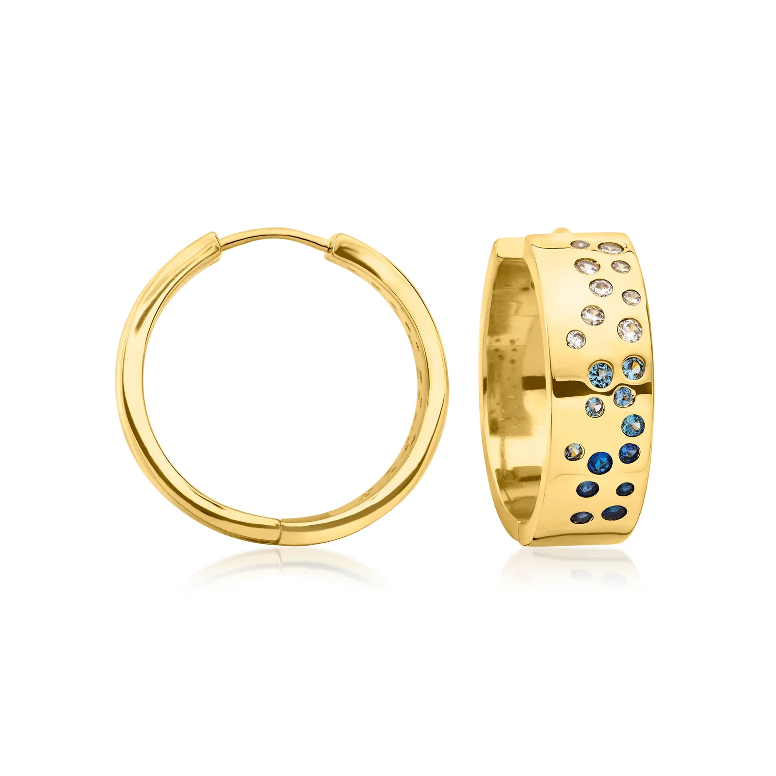 Image of 14kt Yellow Gold-Plated Hoop Earrings with Simulated Tonal Blue and White Gemstones. 7/8"