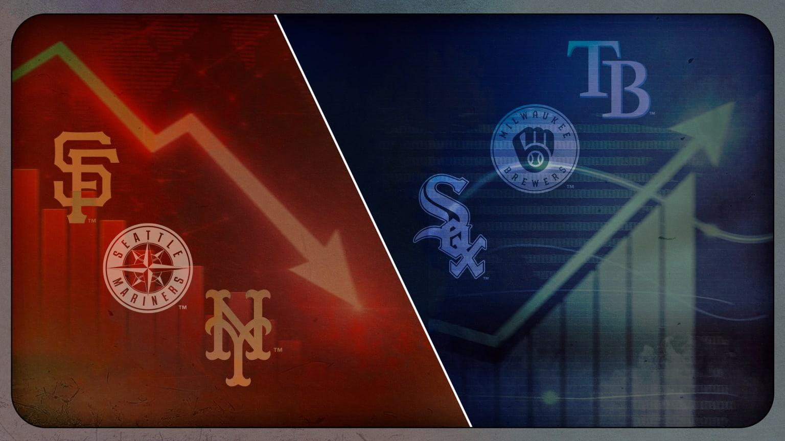 An arrow pointing down next to Giants, Mariners and Mets logos, and an arrow pointing up next to White Sox, Brewers and Rays logos