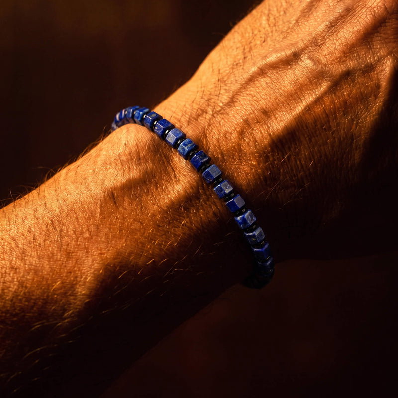 Lapis Lazuli Hexagon bracelet worn on a wrist.
