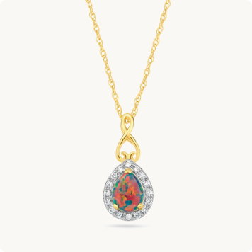 Pear Shape Created Black Opal & Diamond Swirl Heart Pendant in 10k Yellow Gold