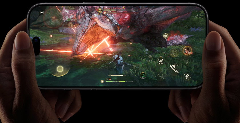 iPhone 18 Pro, front exterior, demonstrating the performance capabilities of the A20 Pro chip with a scene from Neverness to Everness