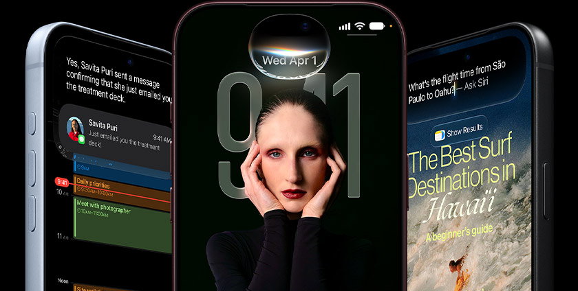 iPhone 18 Pro models in Silver, Burgundy, Black displaying examples of Siri AI: summarizing a text message and showing best surf destinations in Hawaii