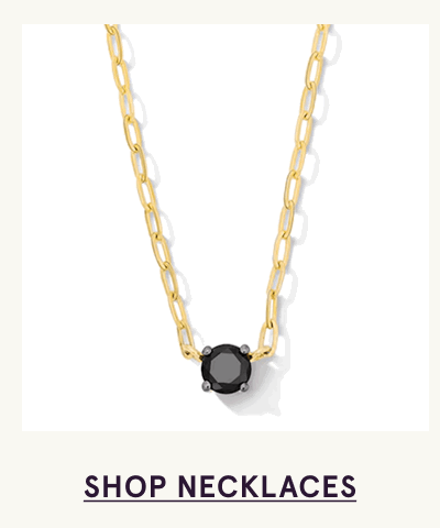 Yellow gold paperclip chain with black gemstone pendant. Click here to shop necklaces
