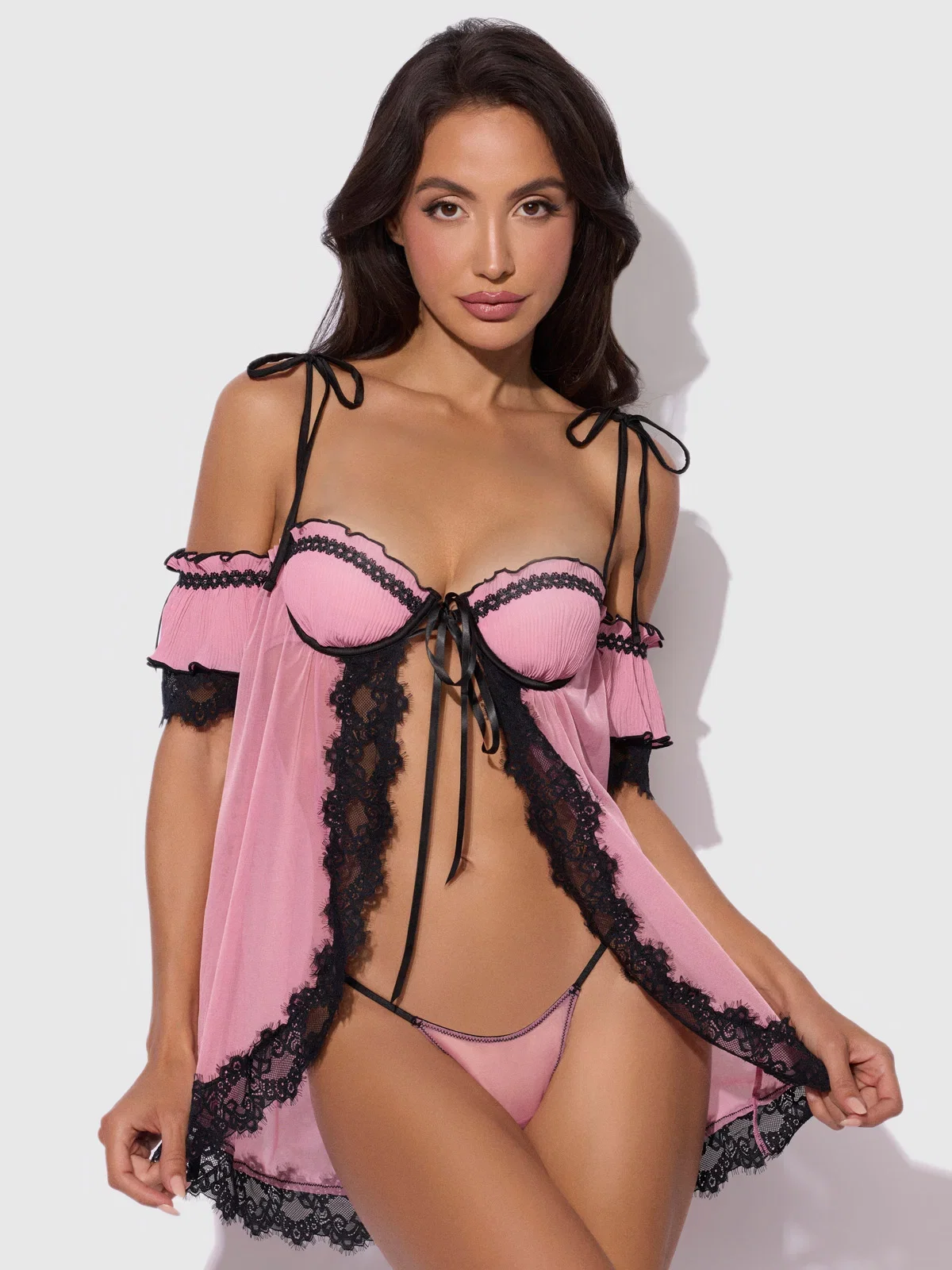 Image of Esme Pleated Chiffon & Lace Underwire Babydoll Set