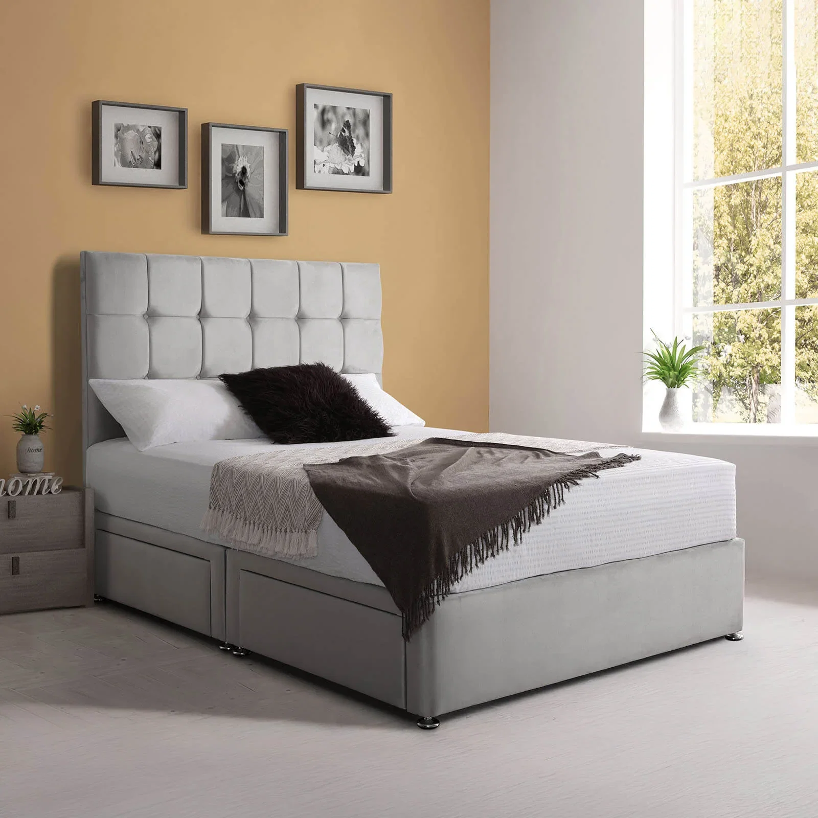 REM-Fit Padded Luxury Divan Bed with Cube floor-standing headboard