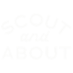 an image of a black and white logo with the words scout and about