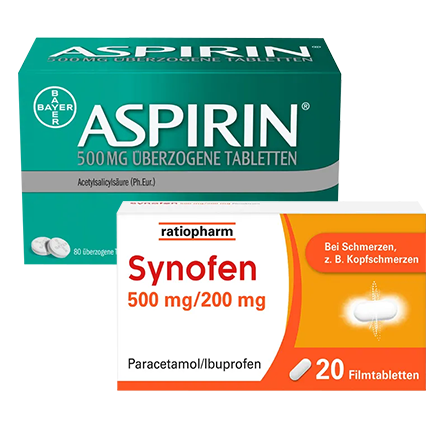 Aspirin 500 mg und Synofen 500 mg/200 mg gegen Schmerzen.