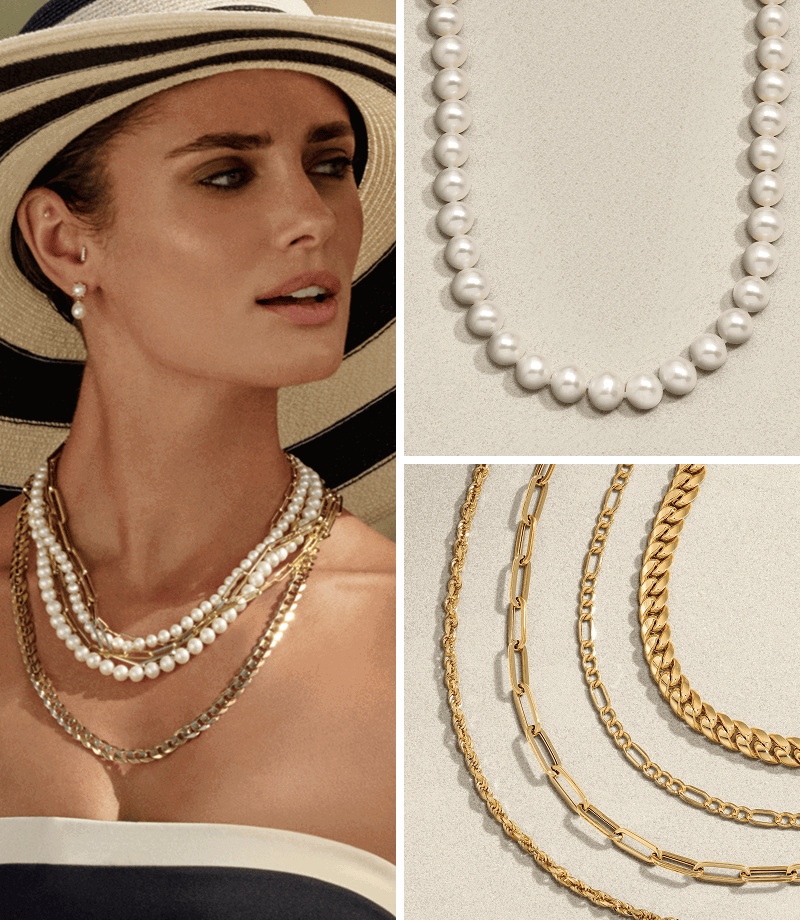 A model wearing a black striped sun hat and several layers of pearl and gold necklaces.