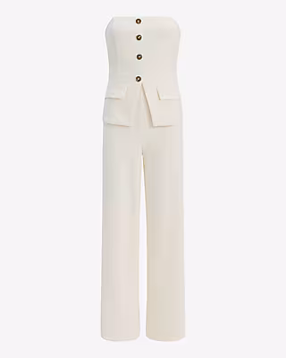 Strapless Tailored Button Front Wide Leg Jumpsuit