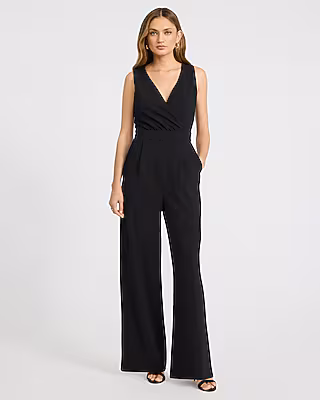 V-Neck Lace Back Wide Leg Jumpsuit with Pockets