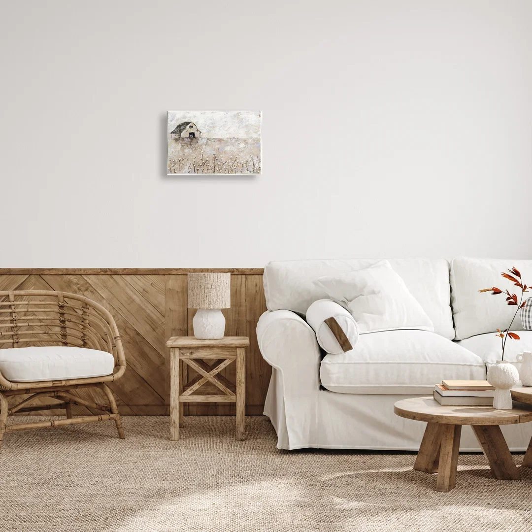 White Barn Distressed Landscape Cotton Field Florals - Painting