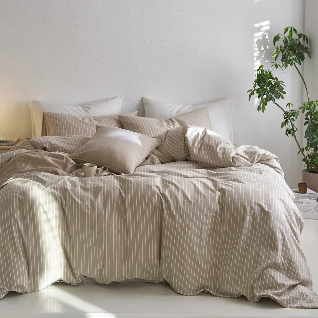 MooMee Striped Duvet Cover Set 100% Washed Cotton Linen Like Textured