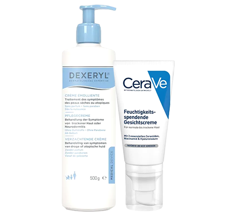 Dexeryl Pflegecreme und CeraVe feuchtigkeitsspendende Gesichtscreme.