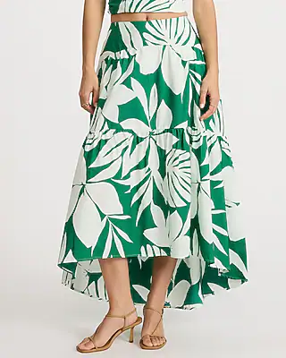Cotton Poplin Floral High Waisted Tiered High-Low Midi Skirt