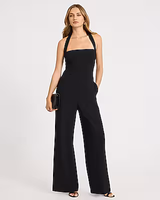 Crepe Tie Halter Square Neck Wide Leg Jumpsuit with Pockets