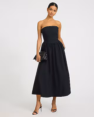 Cotton Poplin Strapless Dipped Waist Midi Dress with Pockets